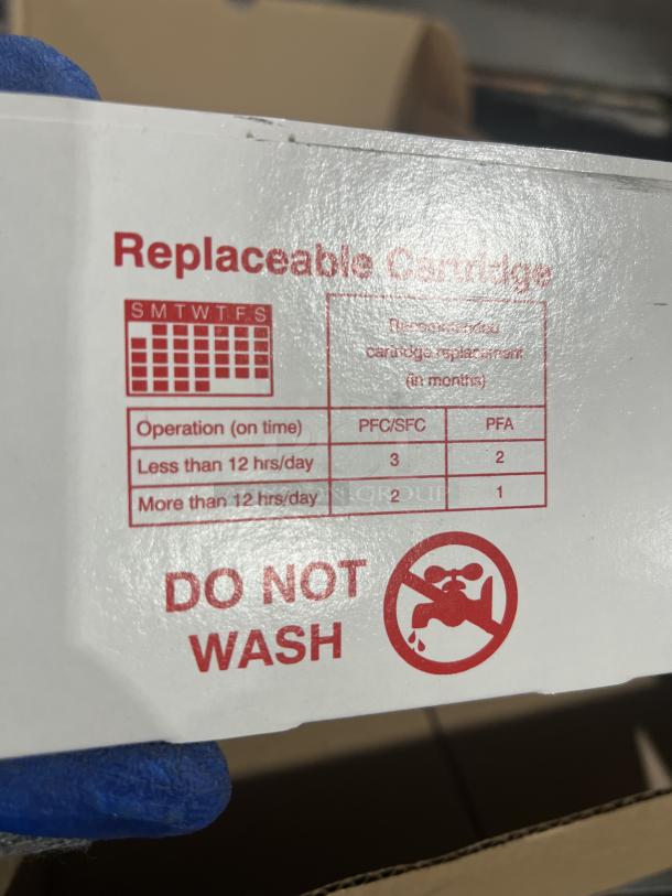 Perfect Fry Commercial Air Filter Cartridge Model 2FV803. Replace based on usage chart. "DO NOT WASH" warning.
