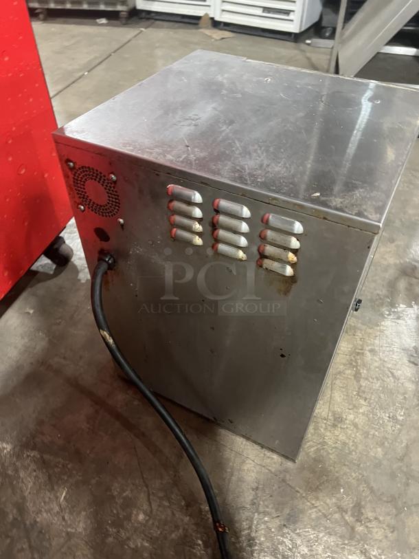 Perfect Fry PFC570 stainless steel countertop deep fryer, 240V, used condition, scratches visible, rear view with power cord.