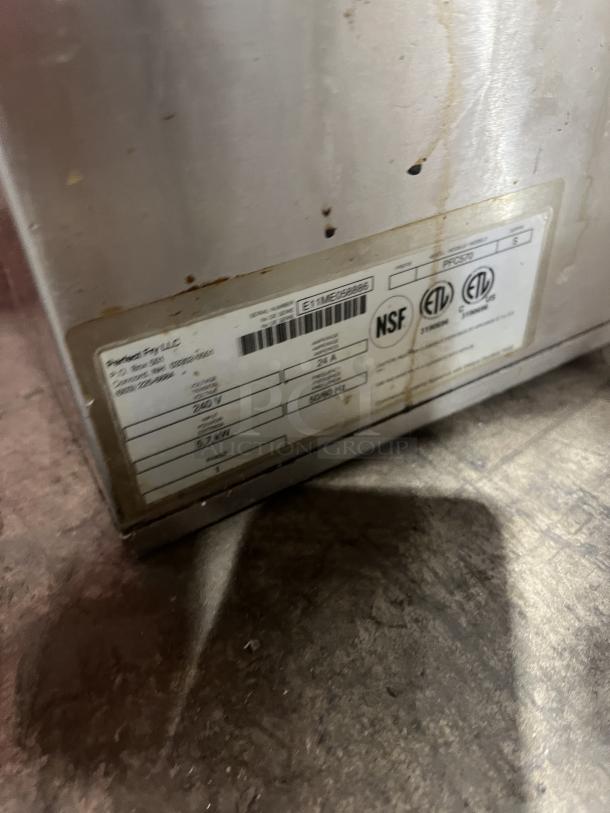 Perfect Fry PFC570 commercial stainless steel countertop deep fat fryer, 240V, 1 Phase. Visible NSF, ETL labels. Used condition.
