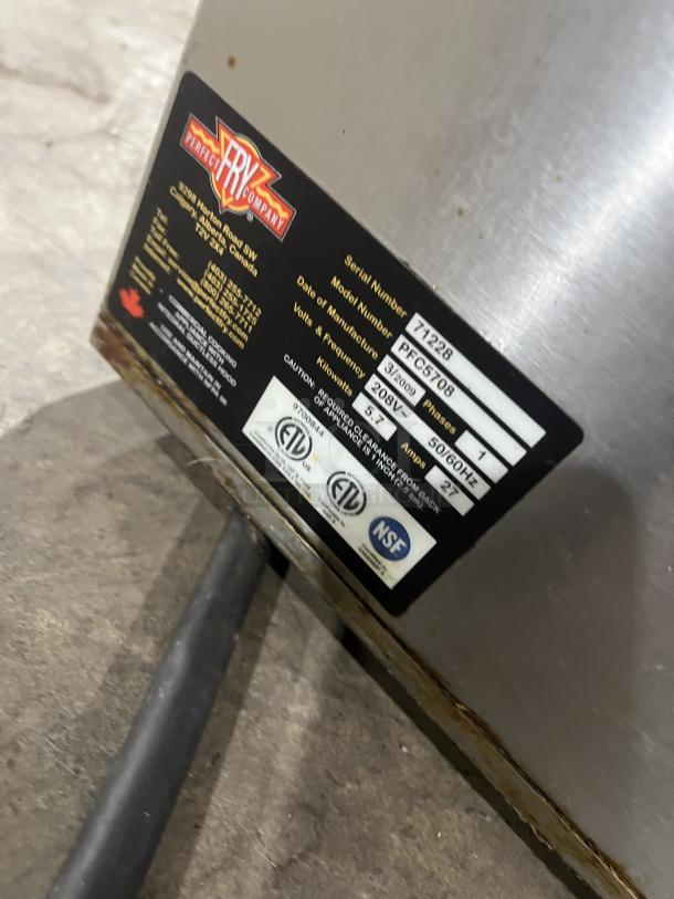 Perfect Fry PFC5708 commercial stainless steel countertop electric fryer, 208V, single phase, serial number 71228, shown with certification labels.