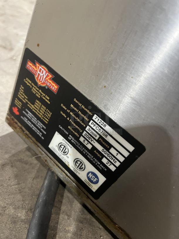 Perfect Fry stainless steel countertop electric fryer, model PFC5708, SN 71228, 208V, 1 phase. NSF and ETL listed.