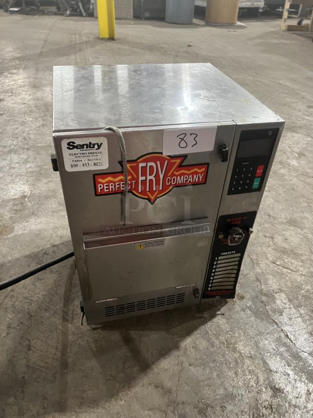 Perfect Fry PFC5708 commercial electric fryer, stainless steel, 208V, countertop model. Serial number 71228, visible control panel.