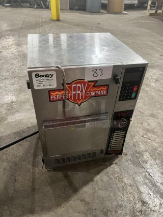 Perfect Fry PFC5708 commercial electric fryer, stainless steel, 208V, countertop model. Serial number 71228, visible control panel.