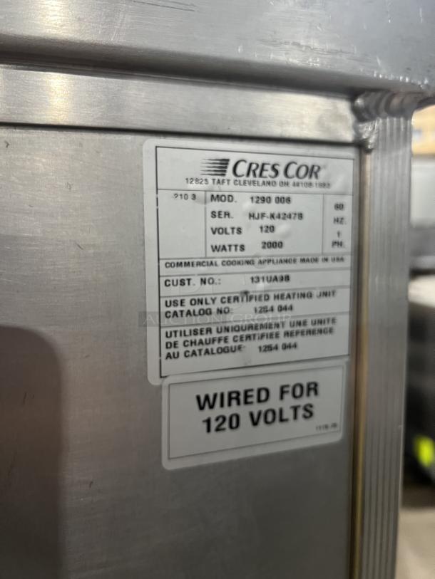 Cres Cor stainless steel half-size heated holding cabinet, Model 1290006, SN HJF-K4247B, 120V, on casters.