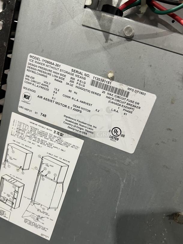 Manitowoc IY0906A261 ice machine label, serial 1120381151, 208-230V, 1 phase, UL listed, NSF certified, air-cooled.