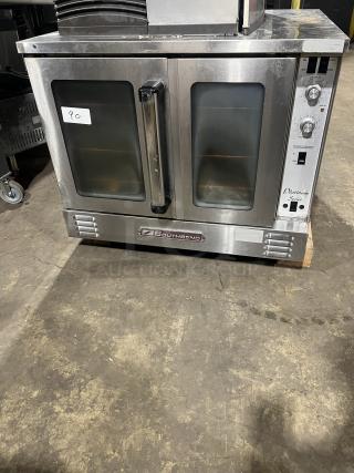Southbend Platinum Series stainless steel gas convection oven, single stack, in used condition, visible control knobs and branding.