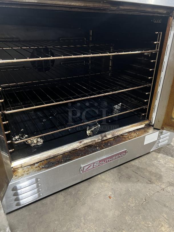 Southbend Platinum Series commercial stainless steel gas convection oven, single stack, well-used condition, visible brand label.