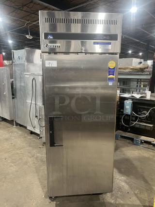 Everest ESR1 stainless steel single solid door reach-in refrigerator with poly coated rack, on casters, 115V, 1 phase.