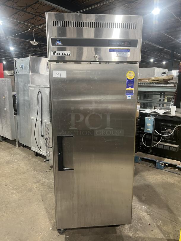 Everest ESR1 stainless steel refrigerator on casters, single solid door, poly coated rack, 115V, used condition.