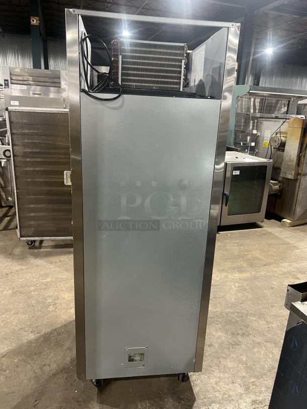 Everest ESR1 stainless steel reach-in refrigerator with poly coated rack, 115V, single solid door, on casters.