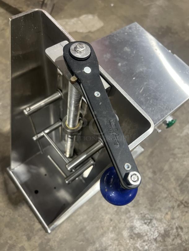 Edlund Model 625 stainless steel commercial countertop can opener, SN: 001793, with a blue handle, in good condition.