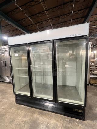 Beverage Air MT72 commercial 3 glass door reach-in refrigerator with poly coated rack. Model MT72, 115V 1 Phase. SN: 2615804.