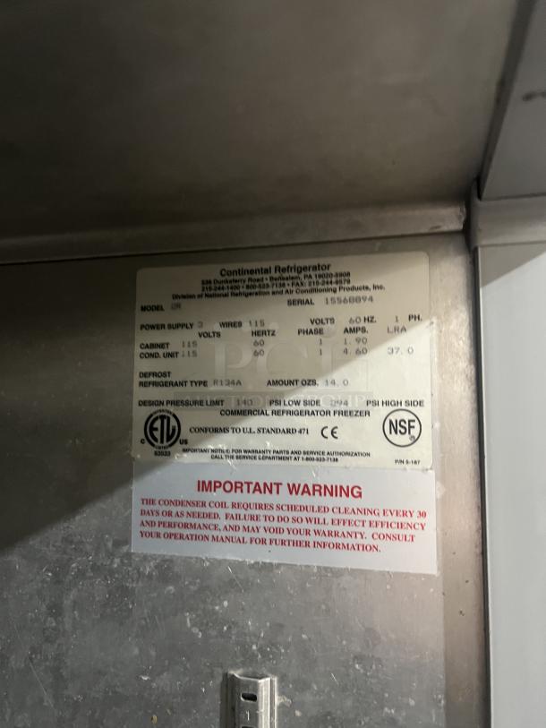 Continental 2-Door Stainless Steel Reach-In Refrigerator, Model 2R, 115V, Serial 15568894, on casters, NSF certified.