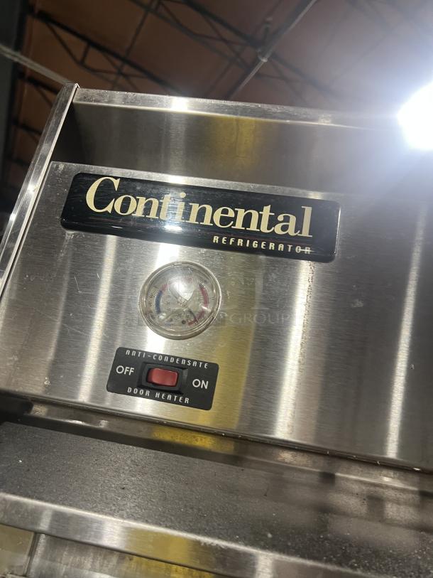 Continental 2R stainless steel refrigerator, anti-condensate control, solid 2-door, 115V 1 phase, on casters, SN: 15568894.