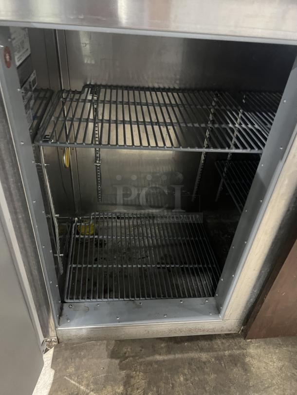 Perlick 3-door stainless steel bar back cooler, model C5064ESCUL, with wired racks, SN 427736, 115V 1 phase, commercial use.