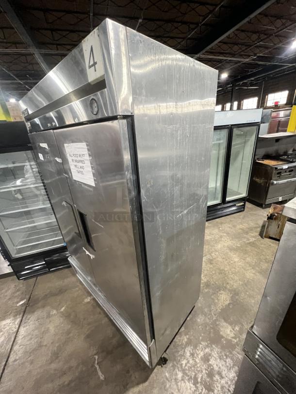 True T-49 commercial stainless steel 2-door reach-in refrigerator, on casters, 115V 1 Phase, SN: 6526031, used condition.