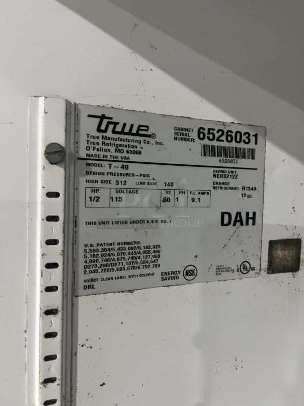 True T-49 commercial stainless steel 2-door reach-in refrigerator, serial 6526031, 115V, 1 phase, on casters.