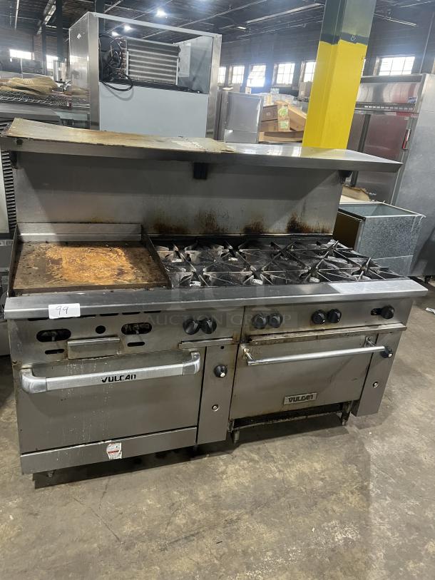 Vulcan 72SS-2-24G8B commercial stainless steel 8-burner range with split top griddle, double oven, backsplash, and overhead salamander shelf.