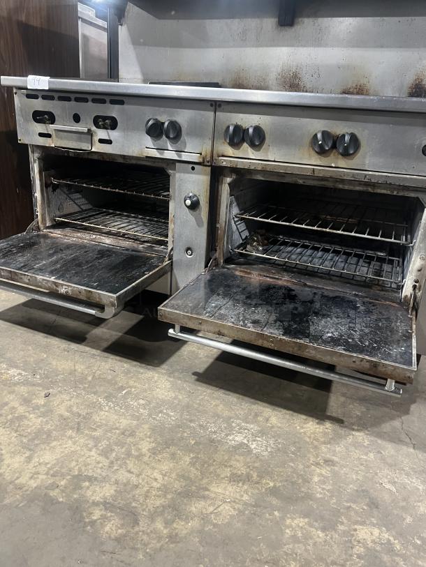 Vulcan 72SS-2-24G8B commercial range, 8-burner, split top griddle, double oven, backsplash, salamander shelf, good condition.
