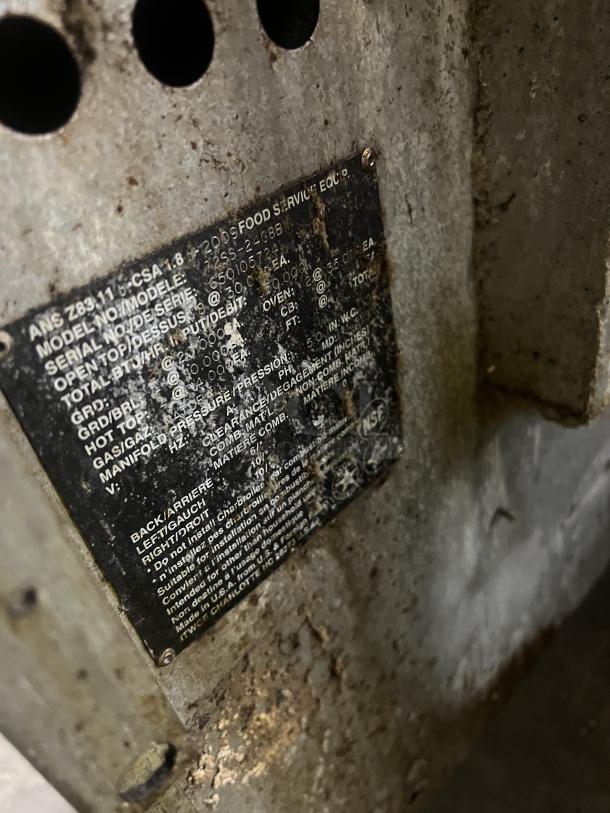 Plaque displaying technical specifications for Vulcan Model 72SS-2-24G8B. Includes important installation and safety information.