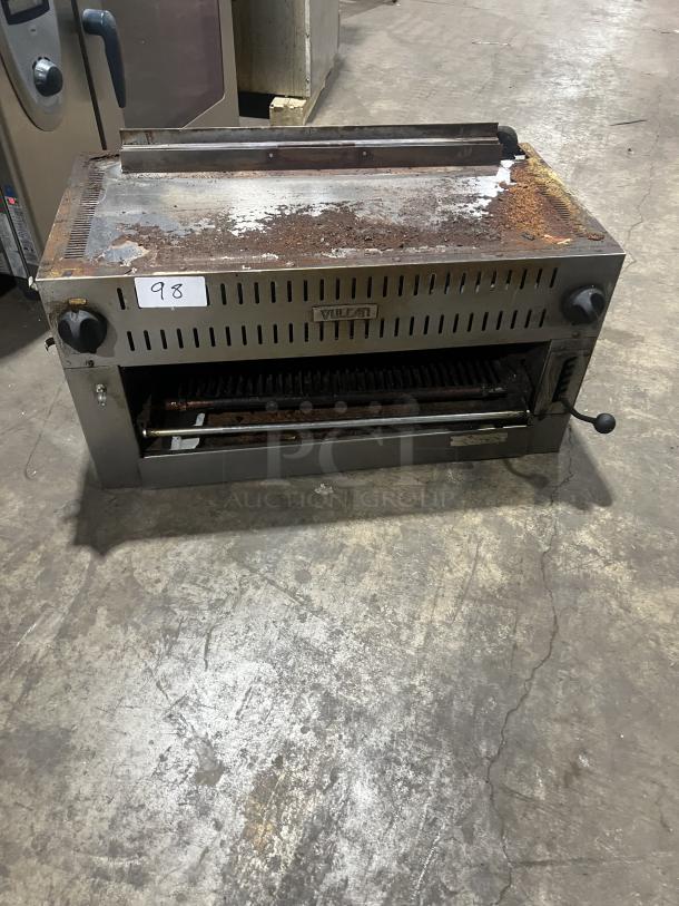 Commercial stainless steel gas salamander broiler, Vulcan brand, used with rust and wear, tagged "98", ideal for high-heat cooking.
