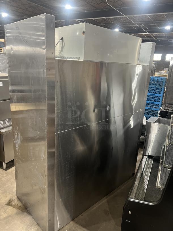 True TR2RRI2S 2-Door Stainless Steel Refrigerator, commercial-grade, 115V, 1 Phase, some surface wear visible.