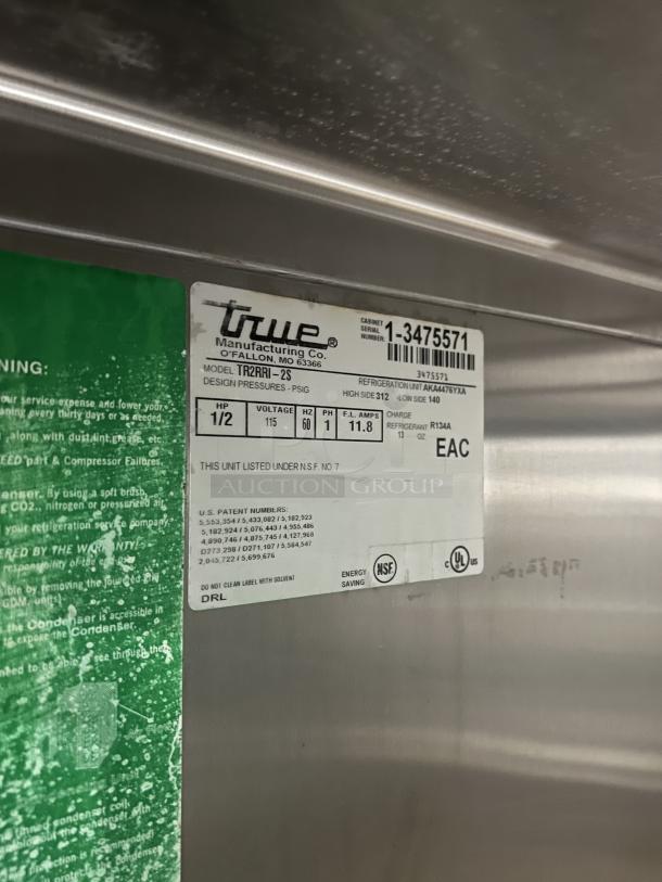 True Commercial Stainless Steel 2-Door Reach-In Refrigerator, Model TR2RRI-2S, SN: 1-3475571, 115V 1 Phase, energy-saving.