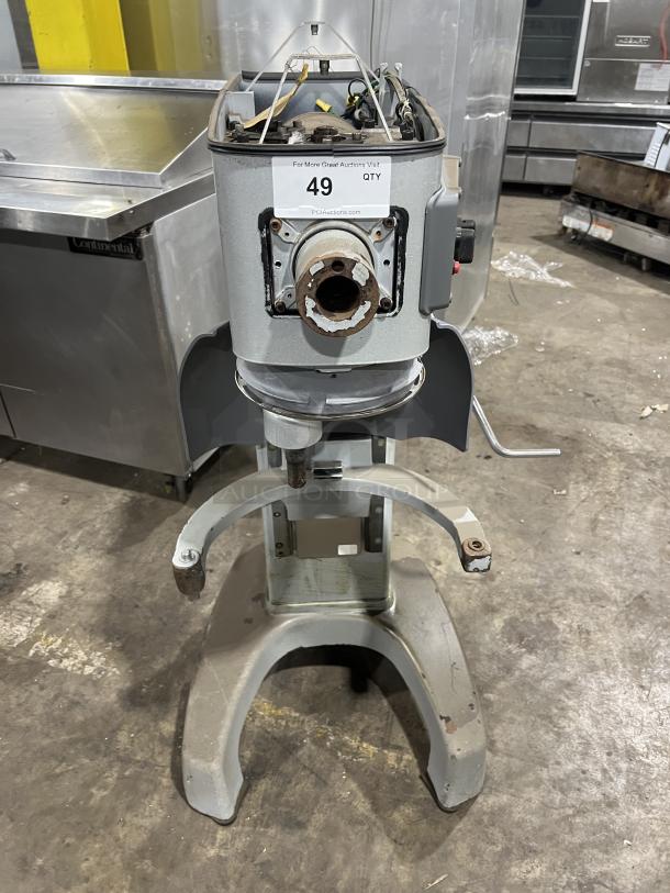 Hobart Legacy HL300 30Qt commercial mixer, 200-240V, 3 phase, used condition, on legs, auction tag visible.