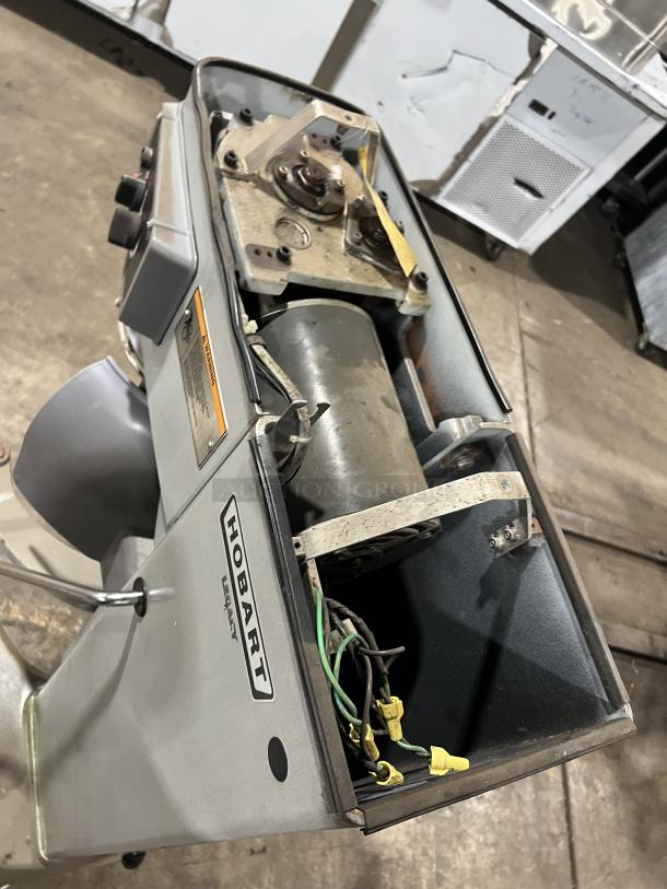 Hobart Legacy Series HL300 30Qt Mixer, 200-240V 3 Phase, on legs, visible internal components, used condition.