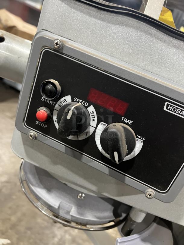 Hobart Legacy Series HL300 commercial 30Qt mixer control panel, featuring speed and timer knobs, in good condition.