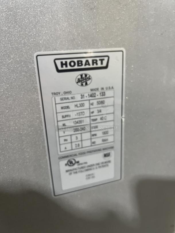 Hobart Legacy Series 30Qt Planetary Mixer, Model HL300, Serial No. 31-1402-133, 200-240V 3 Phase, on legs, label shown.