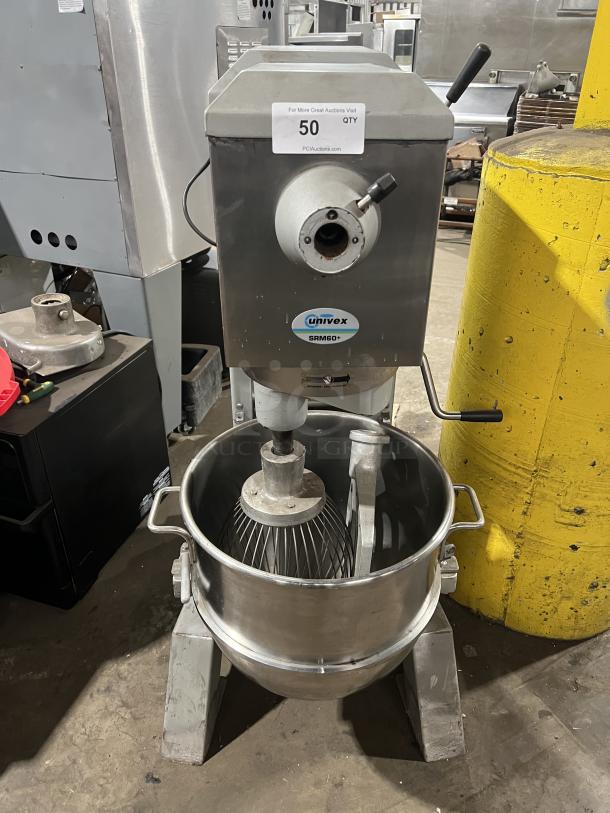 Univex SRM60+ 60 Qt planetary mixer with stainless steel bowl and wire whisk. Model SRM60+. On legs. 208-240V, 1 phase.