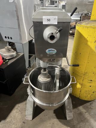 Univex SRM60+ 60 Qt planetary mixer with stainless steel bowl and wire whisk. Model SRM60+. On legs. 208-240V, 1 phase.