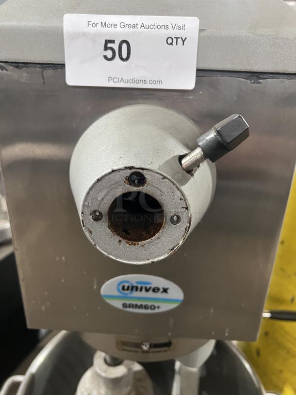 Univex SRM60+ 60 Qt Electric Mixer with stainless steel bowl and whisk. Model SRM60+, 208-240V, 1 phase, on legs.