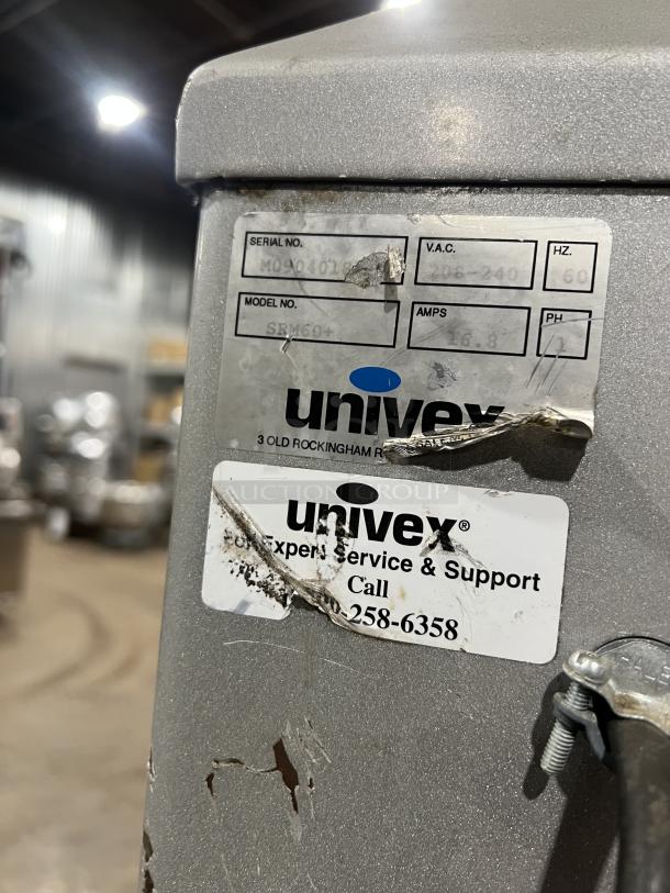 Univex SRM60+ 60 Qt planetary mixer, heavy duty, electric, stainless steel bowl, wire whisk, 208-240V, 1 phase, used.