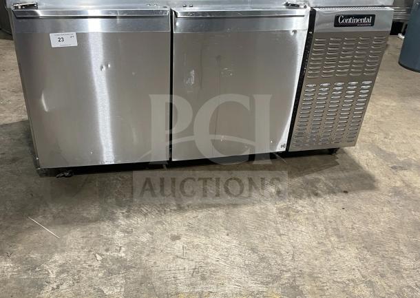 Continental CURB67 stainless steel 2-door lowboy cooler, electric-powered, on casters, model SN:15052129, 115V, 1 phase.