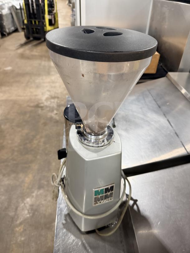 Mazzer Luigi SUPERJOLLYAUT espresso grinder with bean hopper, 110V 1 Phase, serial number 0322658, countertop model.