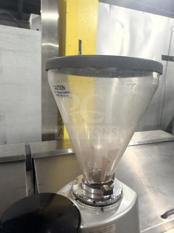 Mazzer Luigi Super Jolly espresso grinder with bean hopper, model SUPERJOLLYAUT, SN: 0322658, 110V 1 Phase, commercial use.