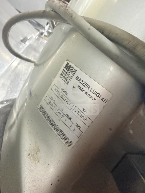 Mazzer Luigi SUPERJOLLYAUT espresso grinder label showing model, serial number, and power details. Used condition.