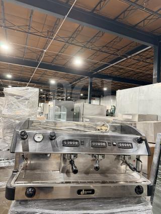 Danesi stainless steel 3-group espresso machine, commercial-grade, adjustable controls, pressure gauge, used condition.