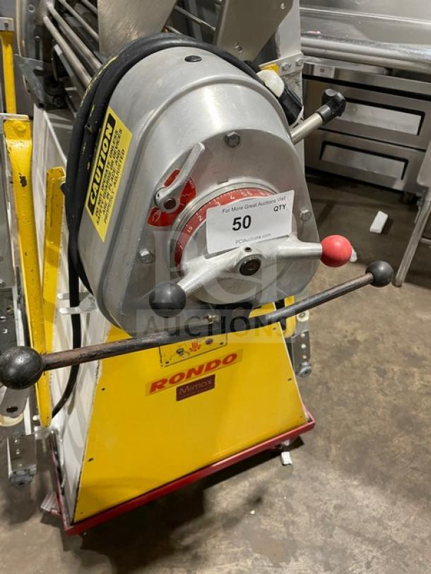 Seewer Rondo SS064C electric dough sheeter, reversible, with fold-up conveyor belt, on casters. Model: SS064C, SN: A6019004.