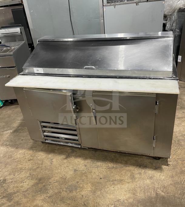 Commercial stainless steel 2-door refrigerated bain marie salad/sandwich prep table with cutting board and poly-coated rack, on casters.