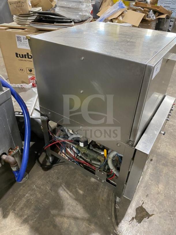 ADS ET Series under counter commercial dishwasher, stainless steel, Model ET-AF-M, serial 080206, 120V 1 Phase, visible wiring.