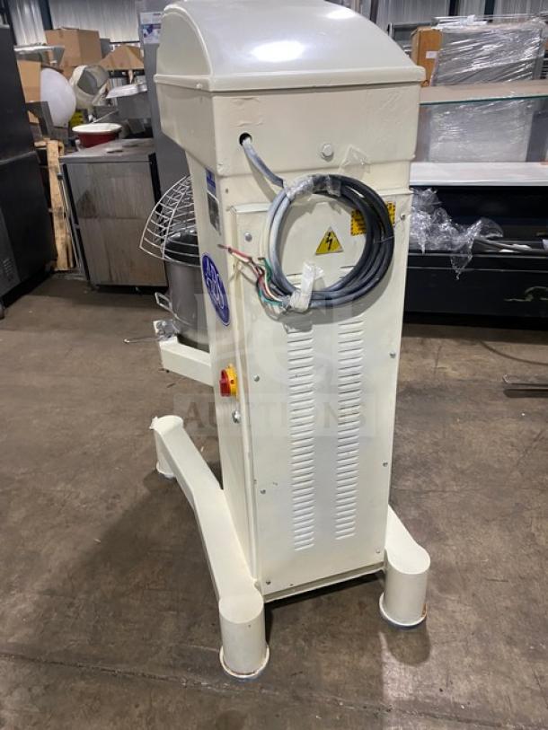 ABS commercial dough mixer, model SM80L, 80 qt. capacity, with stainless steel bowl guard and mixing bowl, flat beater attachment, 208V, 3-phase.