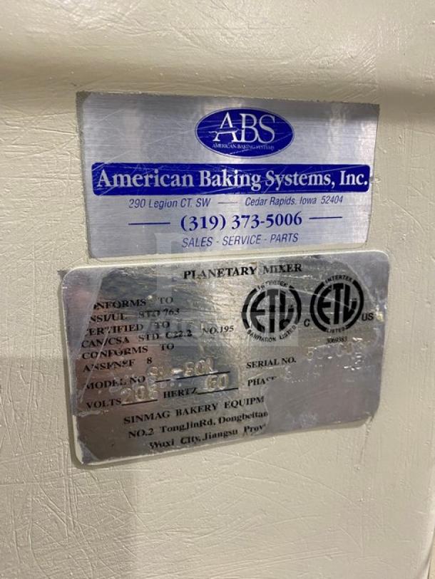 ABS SM80L Planetary Dough Mixer with stainless steel bowl guard, flat beater, 208V 3 Phase. Manufacturer tags visible.