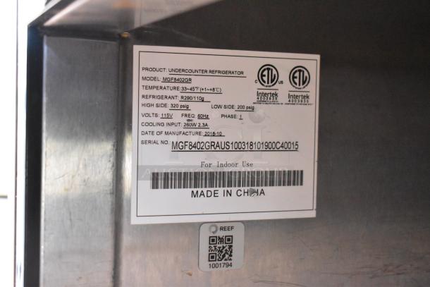 2019 Quality Cargo mobile kitchen trailer, Burger King spec, features refrigeration label. Model MGF8402GR, 115V, made in 2018.