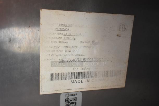 Label on a mobile kitchen trailer indicating details like model MBF8004GR, refrigerant R290/110g, cooling input 250W, and more.