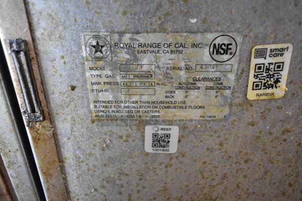 Label on equipment showing "Royal Range of Cal, Inc.", product specifications, and QR codes for identification.