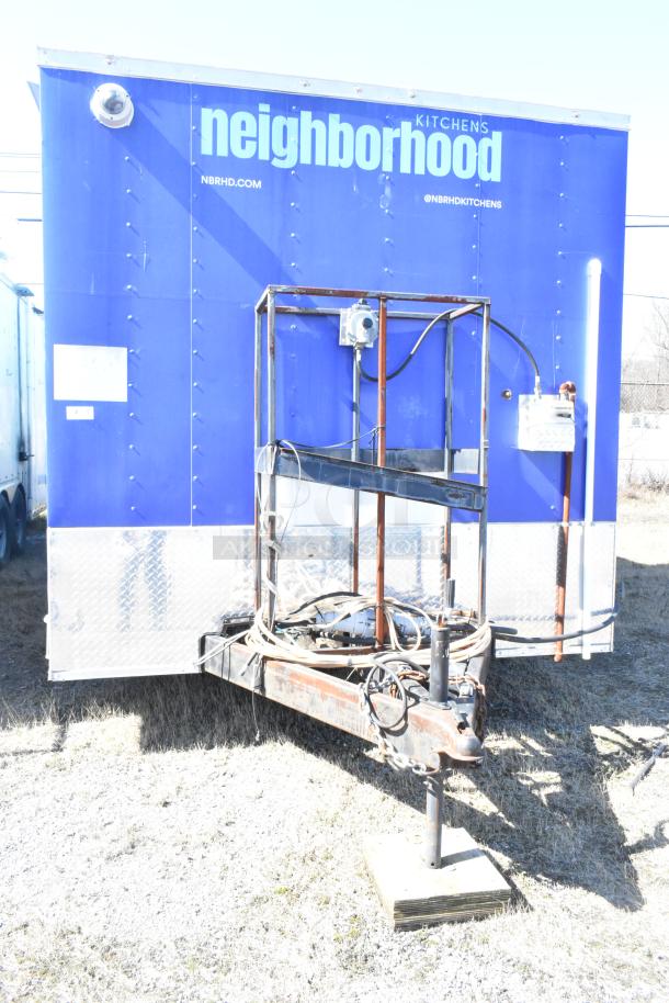 2020 Diamond Cargo 8.5' x 24' mobile kitchen trailer, blue exterior, featuring grease hood, refrigeration, and cooking equipment.