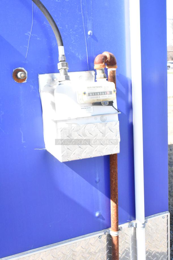 2020 Diamond Cargo 8.5' x 24' mobile kitchen trailer gas meter, installed on blue exterior. Model with grease hood, refrigeration.